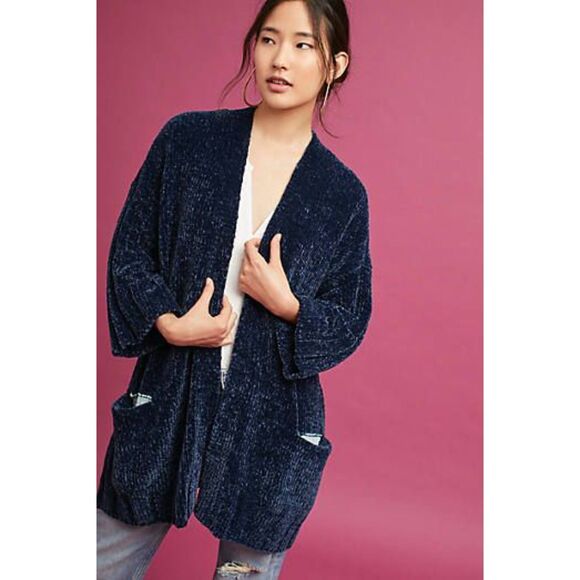 ANTHROPOLOGIE Moth Blue Chenille Oversized Wide Sleeve Cardigan Sweater Large - Picture 1 of 10